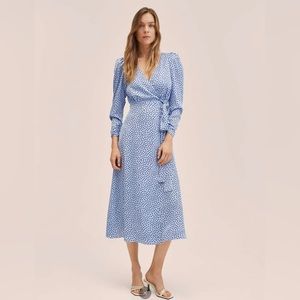 MANGO Blue wrap dress w/black polka dots. Very pretty dress!